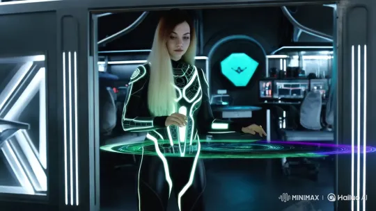 Cyberpunk Woman in Futuristic Spacesuit Interacts with Holograms – AI Generated Video | Hailuo AI