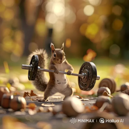 Squirrel Lifts Barbell, Strikes Victory Pose in Cozy Woodland Gym – AI Generated Video | Hailuo AI