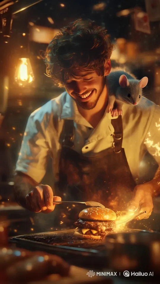 Man Cooks Burger with Mouse Companion in Animated Kitchen – AI Generated Video | Hailuo AI
