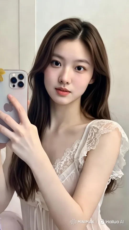 Model Showcasing Elegant White Lace Top in Mirror Reflection – AI Generated Video | Hailuo AI