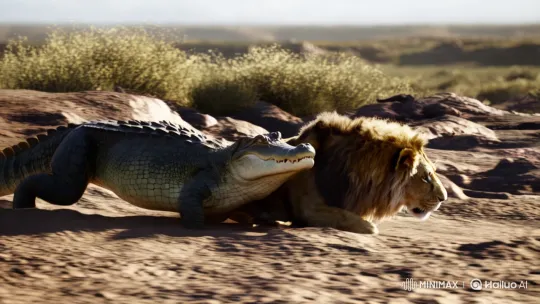 Predator and Prey: A Dramatic Encounter on the Riverbank – AI Generated Video | Hailuo AI