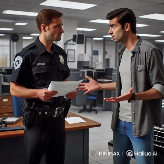 Police Officer Discusses Document with Man in Modern Station – AI Generated Video | Hailuo AI