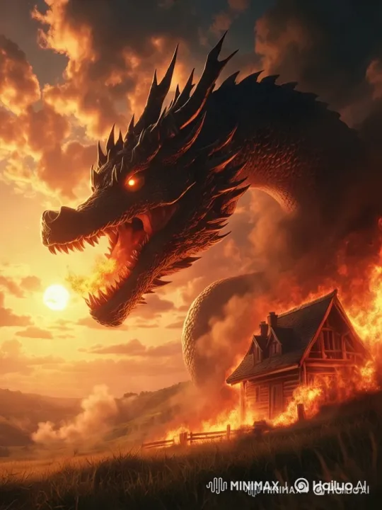 Majestic Dragon Sets House Ablaze in Golden Sunset – AI Generated Video | Hailuo AI