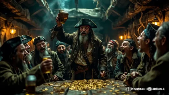 Pirate Celebrates Triumph at Rustic Tavern Table – AI Generated Video | Hailuo AI