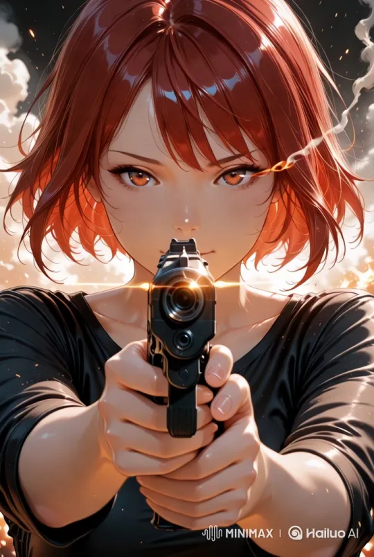 Redheaded Woman Holds Gun in Dramatic Scene – AI Generated Video | Hailuo AI