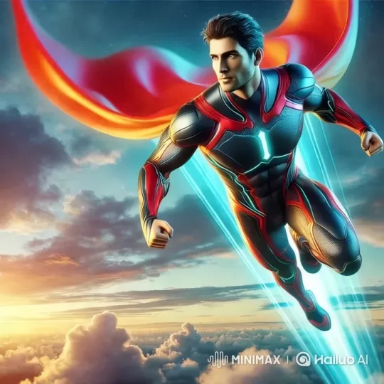Superhero Soars Through Futuristic Sky in Dynamic Aesthetic Display – AI Generated Video | Hailuo AI