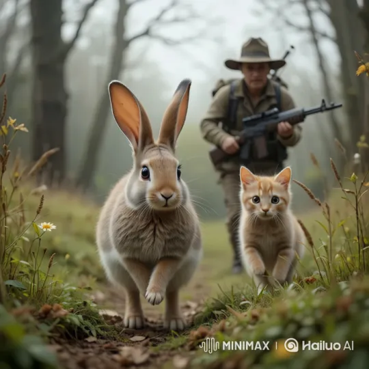 Rabbit and Cat in Tranquil Forest Landscape – AI Generated Video | Hailuo AI