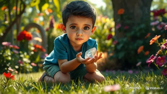 Boy Discovers Magical World Through Glowing Stone in Garden – AI Generated Video | Hailuo AI