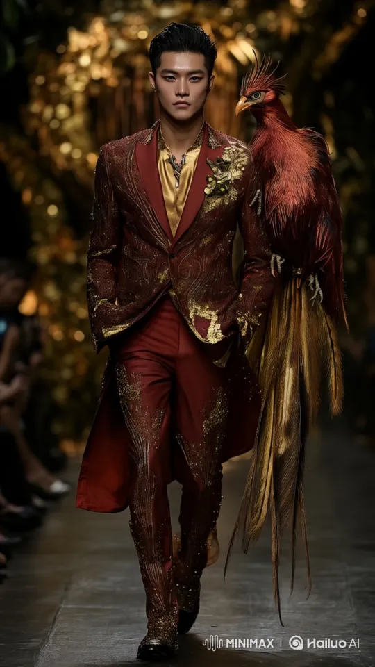 Runway Fashion Show: Model with Majestic Bird in Red and Gold Suit – AI Generated Video | Hailuo AI