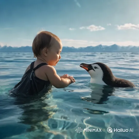 Child Interacts with Penguin in Tranquil Mountain Waters – AI Generated Video | Hailuo AI