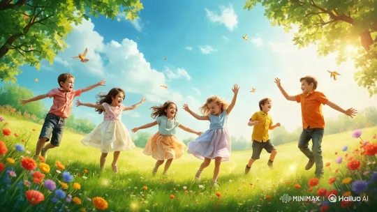 Spring's Joy: Dancing Children, Blooming Flowers, and Singing Birds – AI Generated Video | Hailuo AI