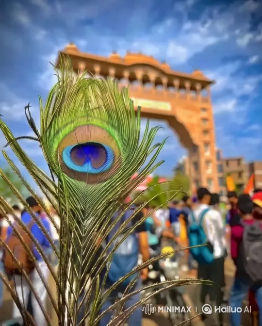Peacock Feather and Bustling Crowd at Ornate Archway – AI Generated Video | Hailuo AI