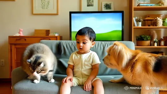 Child and Pets Share Joyful Moment with Squirrel and Parrots – AI Generated Video | Hailuo AI