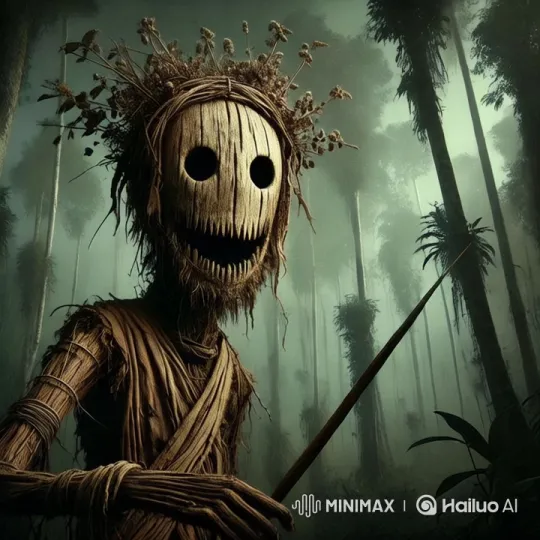 Eerie Figure in Misty Forest with Wood and Twine Art – AI Generated Video | Hailuo AI