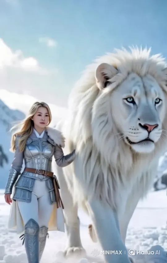 Warrior Woman and Majestic Lion in Snowy Bond – AI Generated Video | Hailuo AI