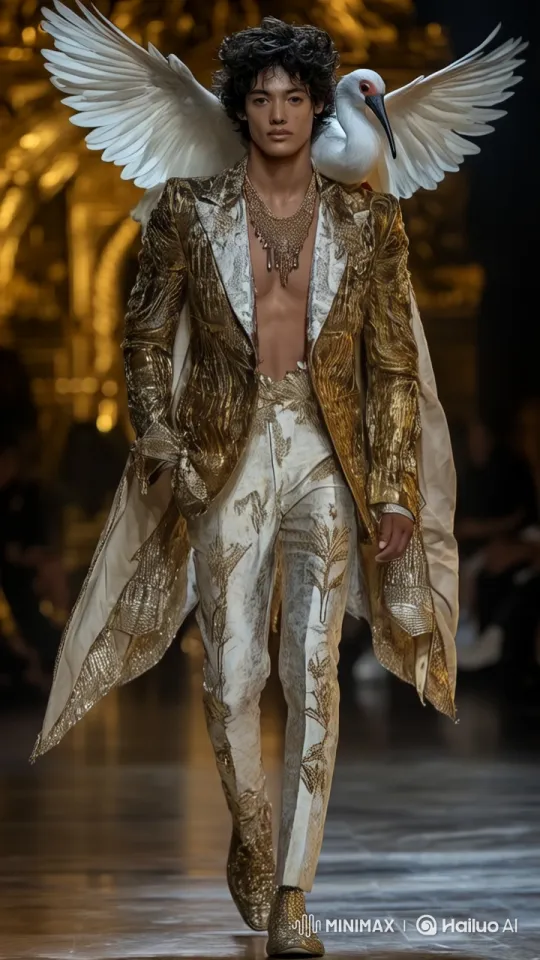 Fashion Show Runway: Model with Ornate Outfit and Winged Bird – AI Generated Video | Hailuo AI