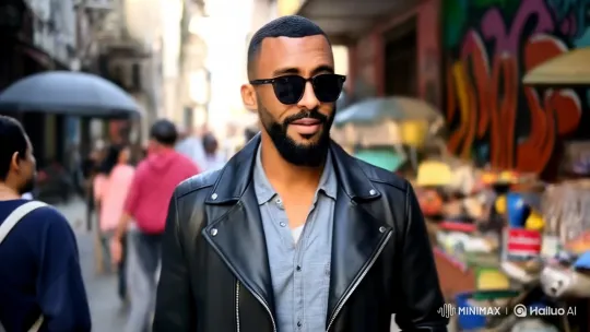 Stylish Man Navigates Bustling Urban Street – AI Generated Video | Hailuo AI