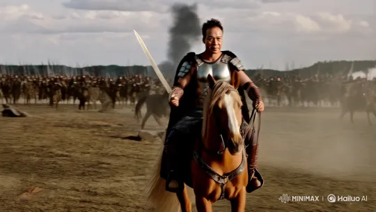 Warrior on Horseback Leads Charge in Epic Battlefield Scene – AI Generated Video | Hailuo AI