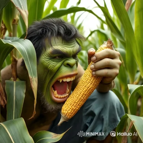 Hulk Enjoying Maize in a Lush Cornfield – AI Generated Video | Hailuo AI