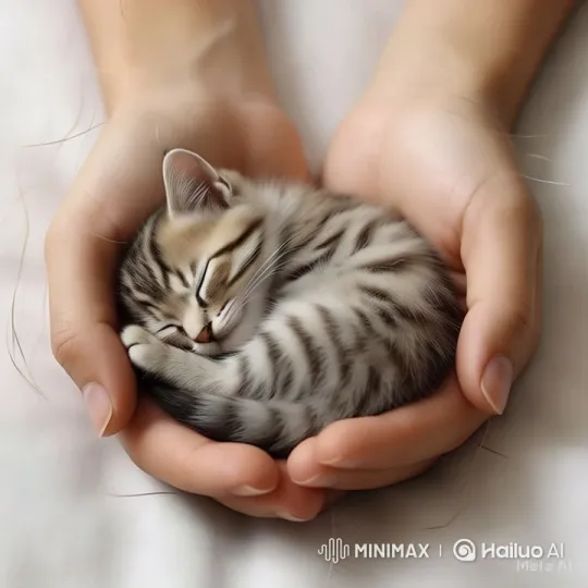 Tranquil Close-up of a Sleeping Kitten in Gentle Embrace – AI Generated Video | Hailuo AI