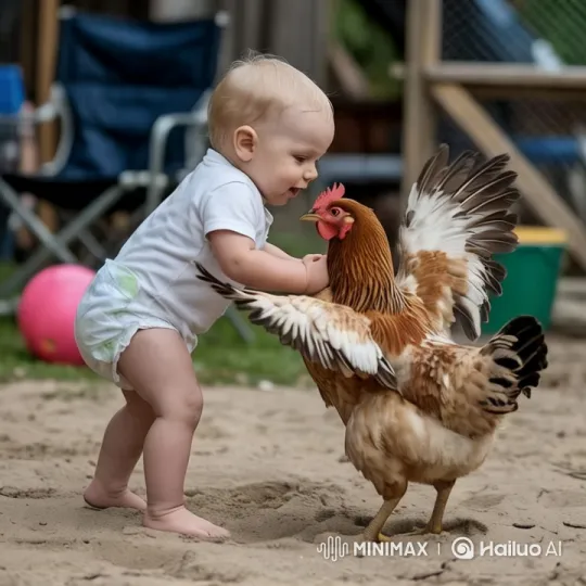 Baby and Chicken Interact Tenderly on Sandy Beach – AI Generated Video | Hailuo AI