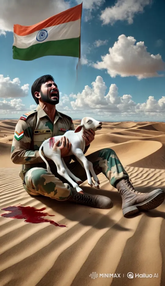 Soldier Mourning a Fallen Cow in Desert with Indian Flag – AI Generated Video | Hailuo AI