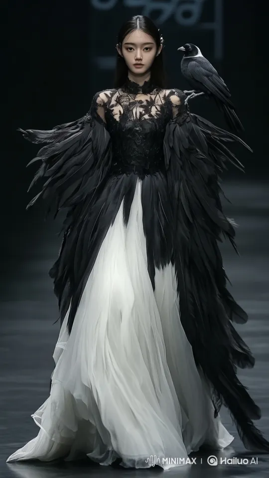 High Fashion Show: Model Struts in Laced Black-White Dress with Bird on Shoulder – AI Generated Video | Hailuo AI
