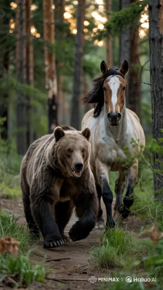 Bear and Horse Run Together Through Forest – AI Generated Video | Hailuo AI