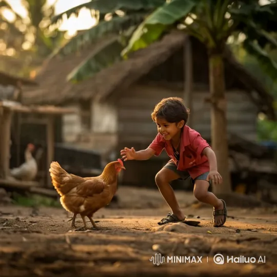 Child and Chicken Interaction in Rustic Village Setting – AI Generated Video | Hailuo AI