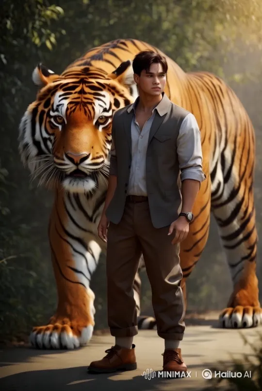 Man and Protective Tiger in Lush Forest – AI Generated Video | Hailuo AI