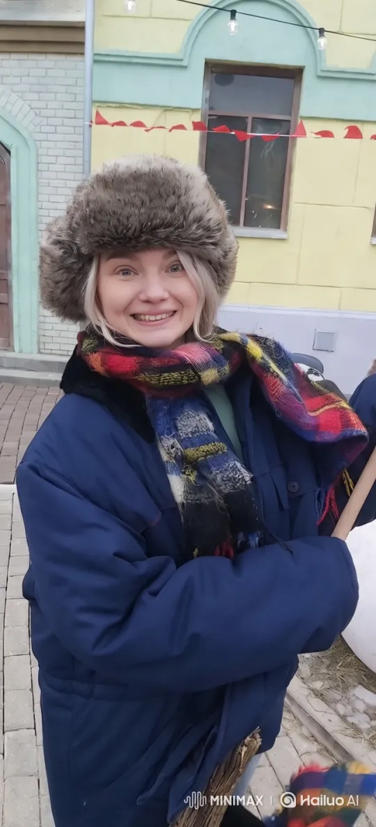 Winter Street Scene with Festive Decorations and Central Figure – AI Generated Video | Hailuo AI