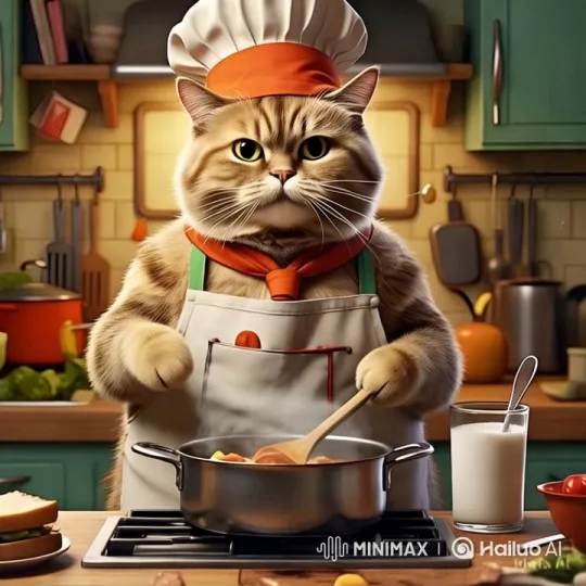 Fluffy Cat Chef in Cozy Kitchen – AI Generated Video | Hailuo AI