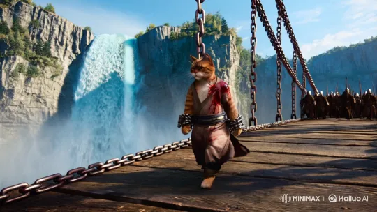 Epic Struggle: Feline Warrior vs. Ancient Assassins at Waterfall – AI Generated Video | Hailuo AI