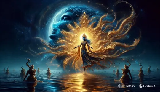 Radiant Figure and Mystical Beings Over Cosmic Water – AI Generated Video | Hailuo AI