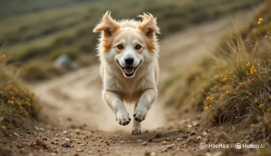 Golden Retriever's Energetic Run in Pastoral Landscape – AI Generated Video | Hailuo AI