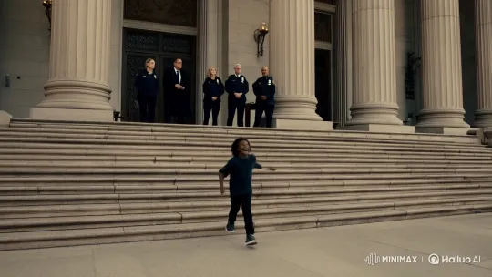 Boy with Dreads Exudes Joy Outside Grand Courthouse – AI Generated Video | Hailuo AI