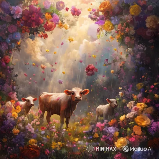 Magical Garden: Calves and Blooms in Serene Wonderland – AI Generated Video | Hailuo AI