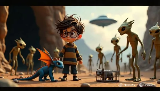 Boy, Dragon, and Aliens in Desert Landscape – AI Generated Video | Hailuo AI