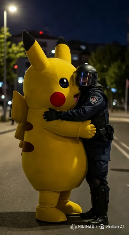 Urban Night: Police Officer Embraces Pikachu – AI Generated Video | Hailuo AI