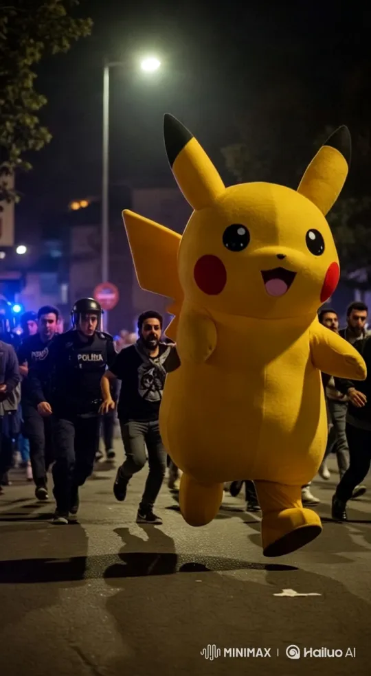 Pikachu Costume Leads Energetic Nighttime Chase – AI Generated Video | Hailuo AI