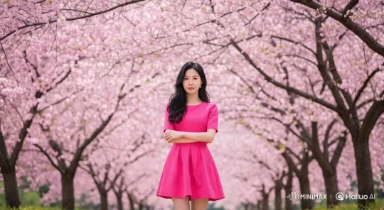 Woman in Pink Dress Amidst Falling Cherry Blossoms – AI Generated Video | Hailuo AI