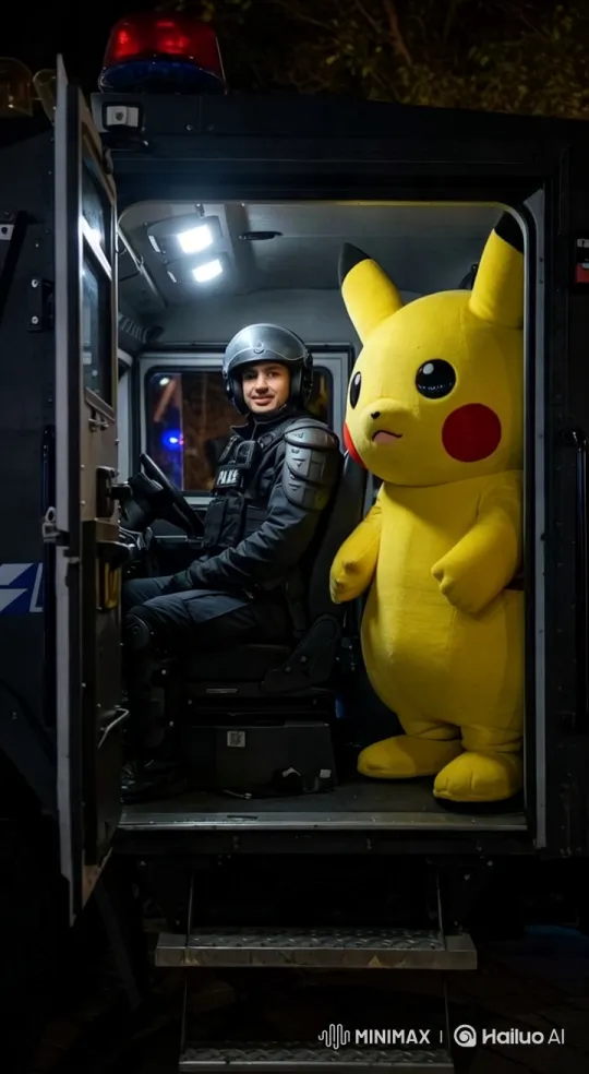 Tactical Officer Meets Pikachu in Police Car – AI Generated Video | Hailuo AI