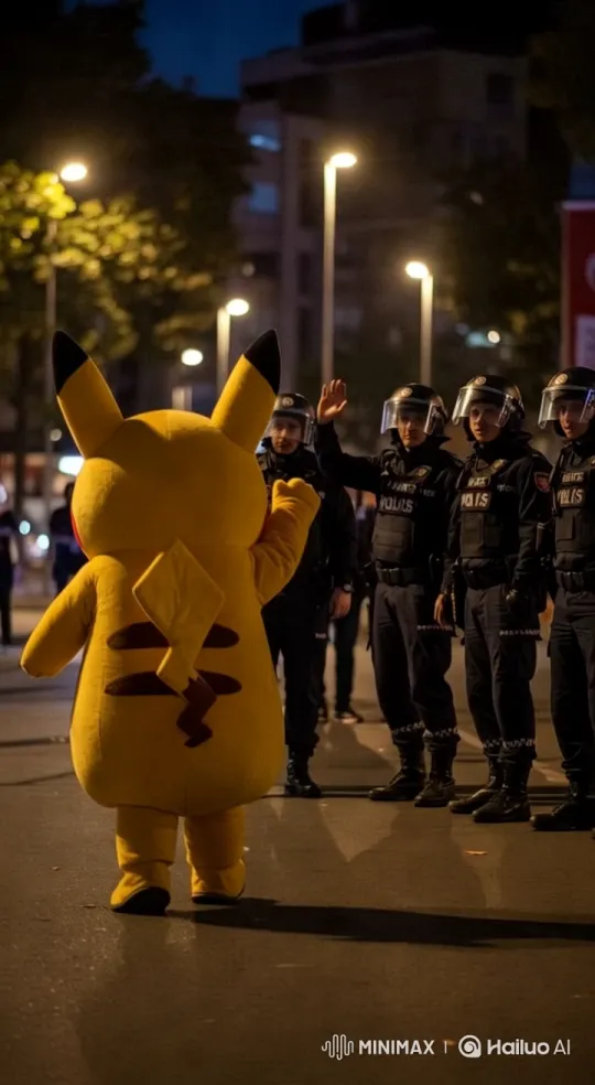 Pikachu Meets Police Line in Playful Nighttime Encounter – AI Generated Video | Hailuo AI