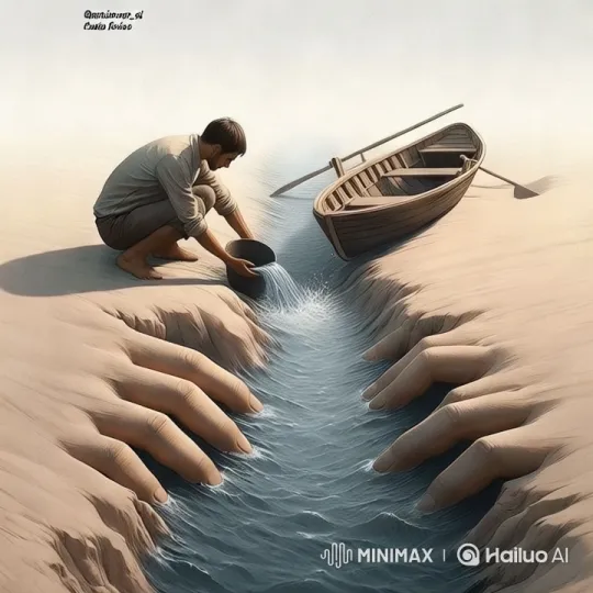 Artistic Man Pours Water in Surreal Sand Sculpture Scene – AI Generated Video | Hailuo AI