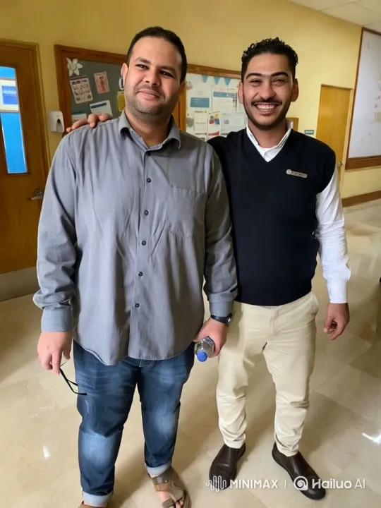 Two Men in Hallway: Warm Smiles and Aesthetic Setting – AI Generated Video | Hailuo AI
