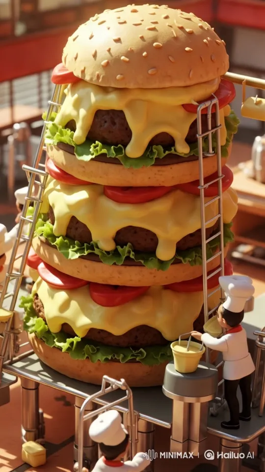Giant Miniature Burger Crafted by Tiny Chefs – AI Generated Video | Hailuo AI