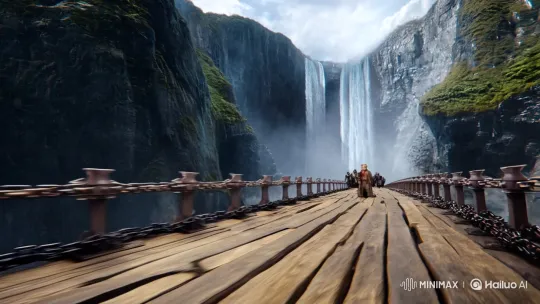 Feline Warrior Battles Enemies Amidst Thundering Waterfall Bridge – AI Generated Video | Hailuo AI
