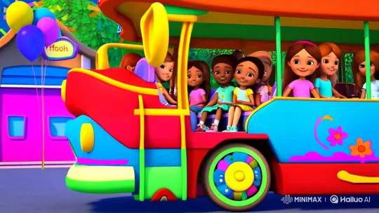 Colorful Bus Full of Joyful Friends Arrives – AI Generated Video | Hailuo AI