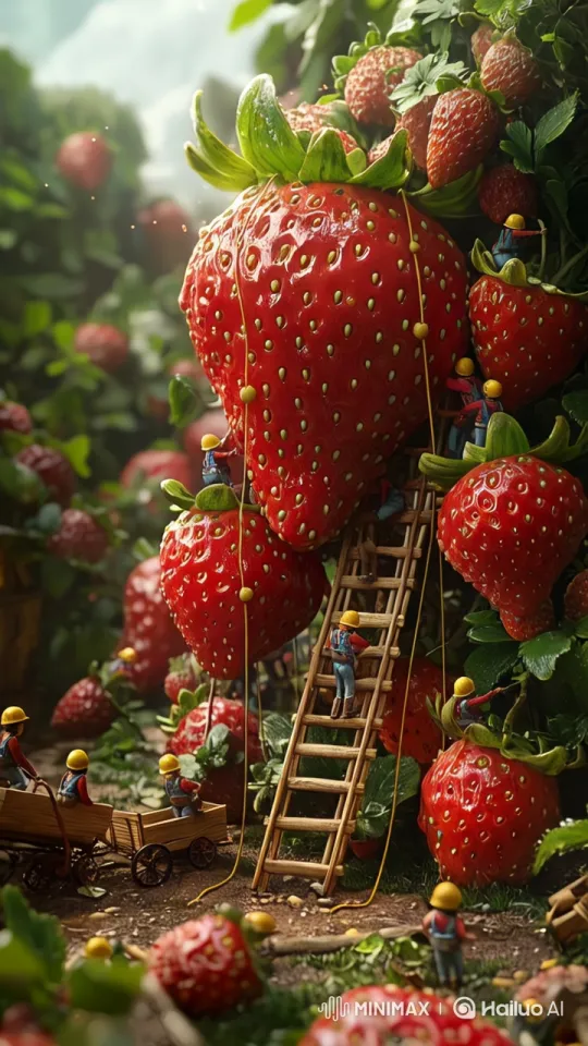 Tiny Humans Harvest Gigantic Strawberries in Whimsical Macro Scene – AI Generated Video | Hailuo AI
