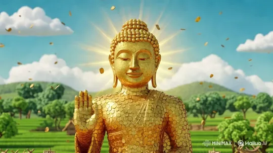 Golden Buddha Statue Amidst Serene, Lush Landscape – AI Generated Video | Hailuo AI